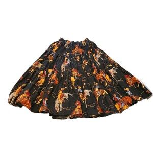 Vtg Western Rodeo Cowboy Tiered Maxi Skirt Bucking Horse Black Canvas Texas OSFM